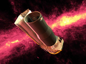 Spitzer  Space Telescope drawn against an infrared sky